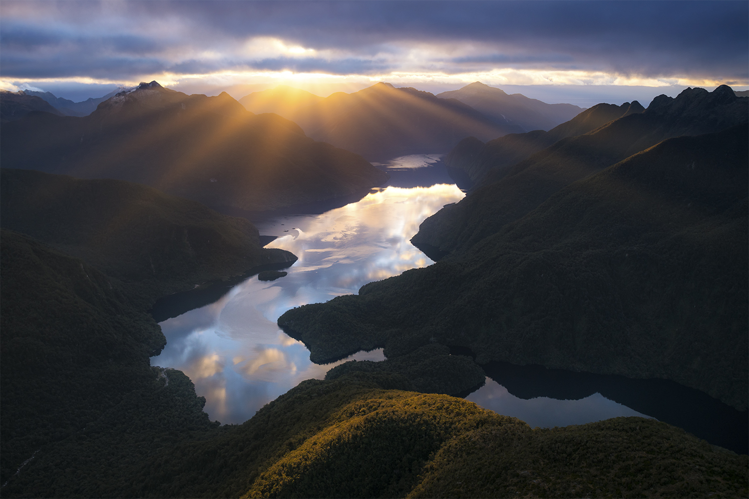 Crepuscular rays over Fiordland