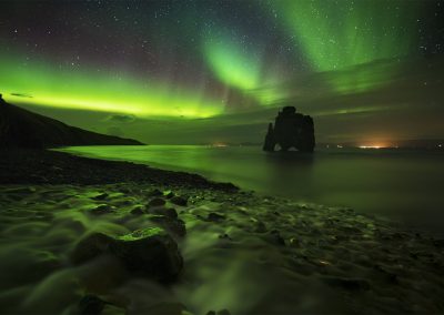 Northern Lights over sea stack