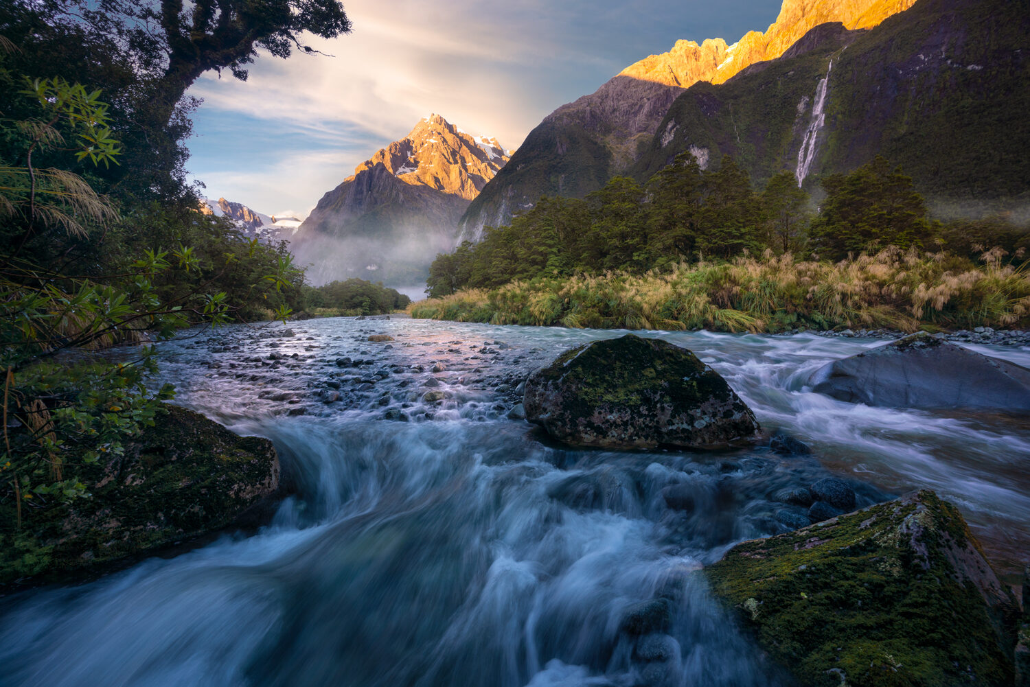 Mountain and river scene, Fiordland New Zealand.
