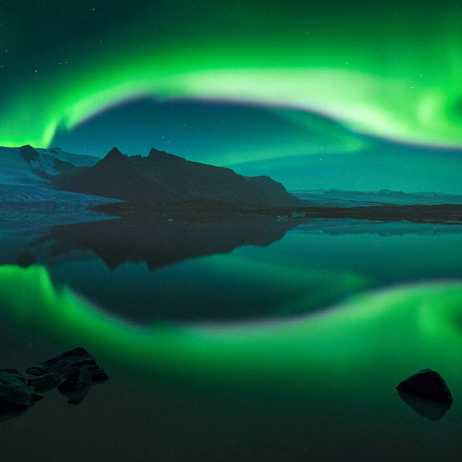 The aurora reflected in glacier lagoon, Iceland
