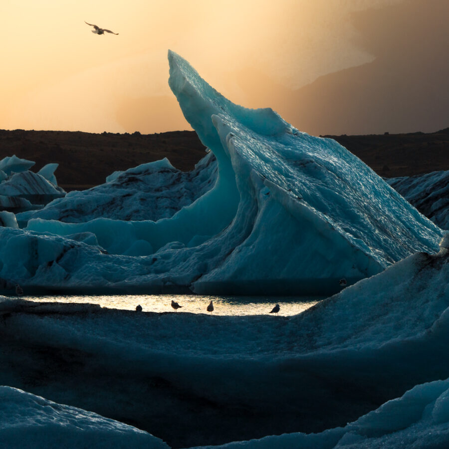 Jokulsarlon glacier lagoon sunset, Iceland