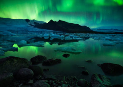The aurora borealis and glacial lagoon in Iceland