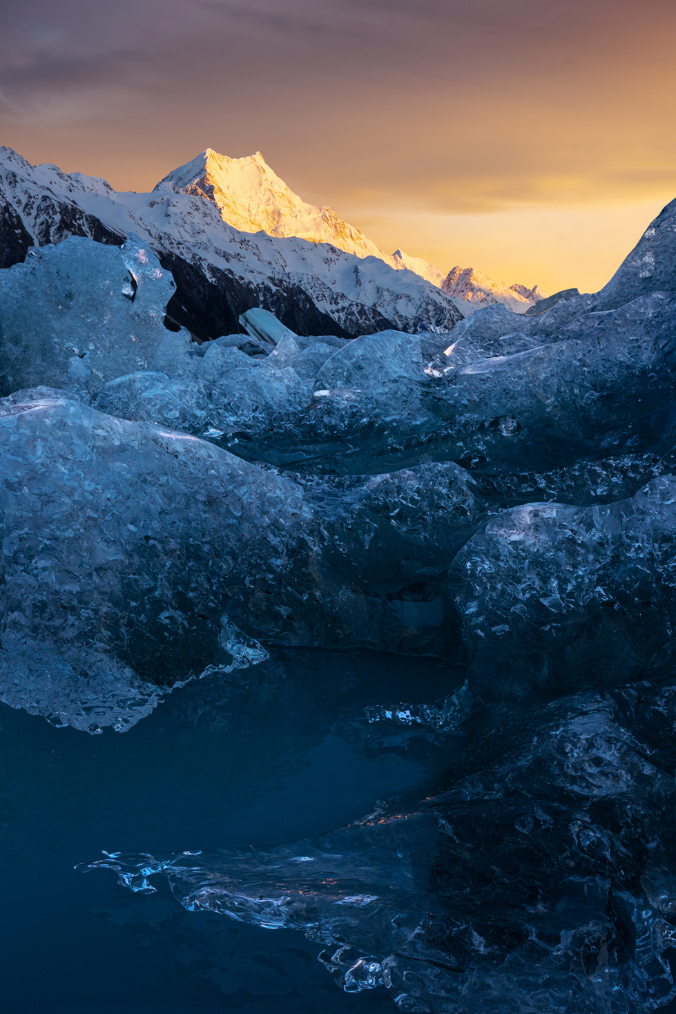 Sunrise, Mount Cook and ice from the Tasman glacier