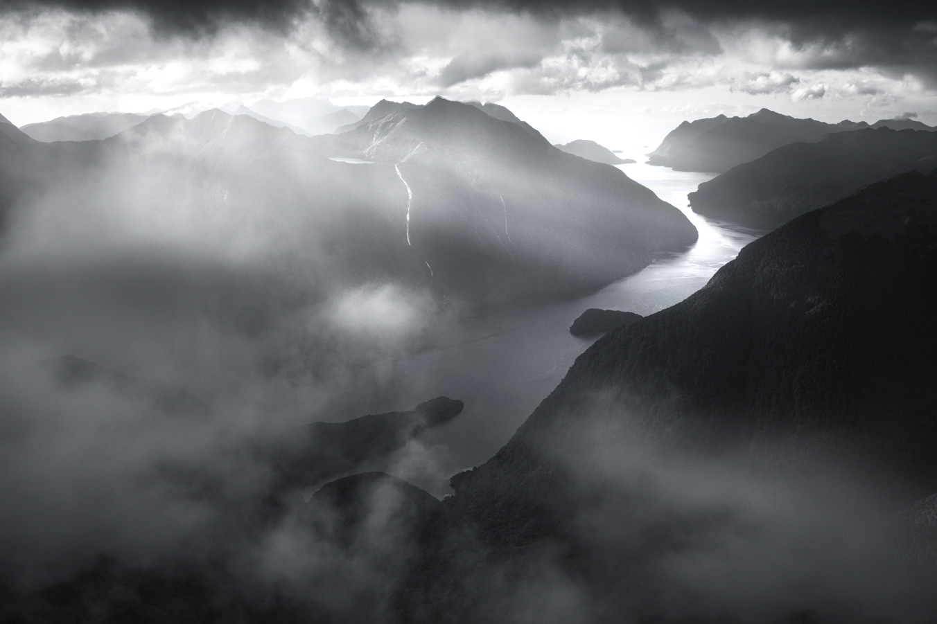 Doubtful Sound, misty black and white.