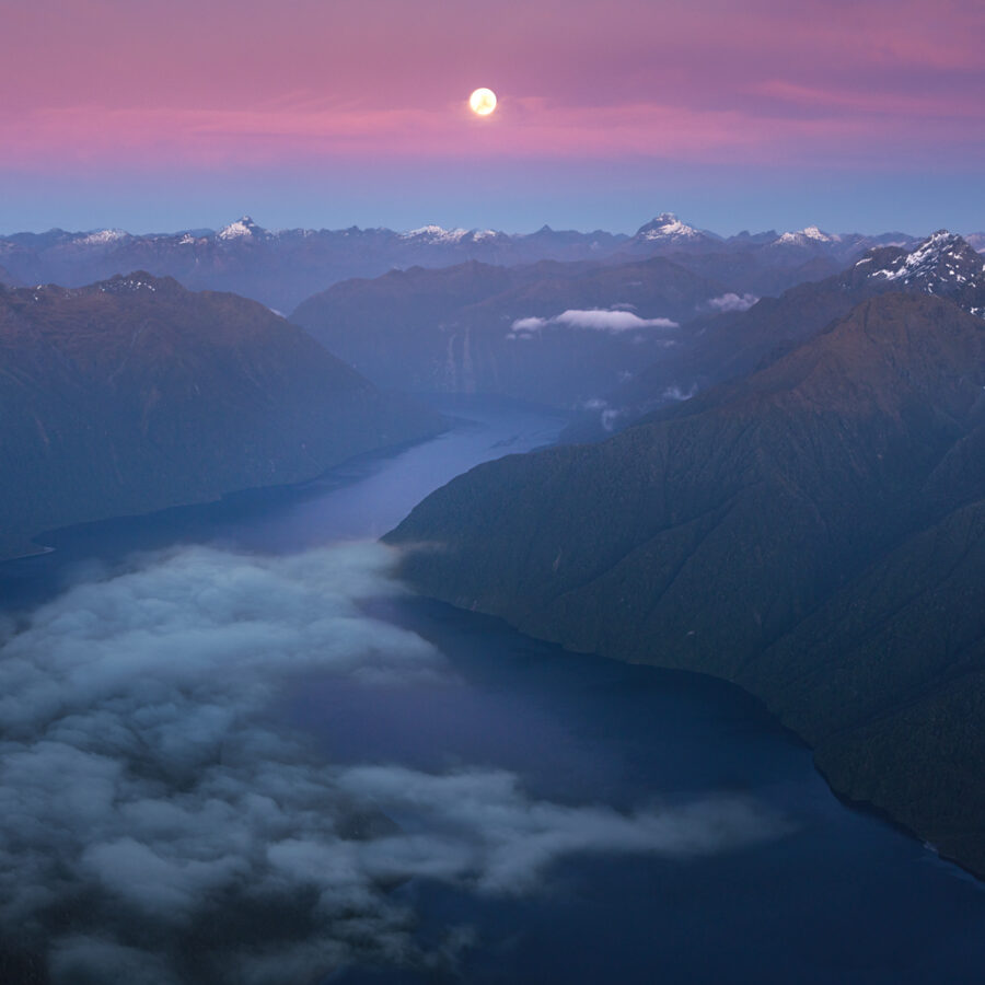 Lake Te Anau South Arm moon set, Copyright William Patino