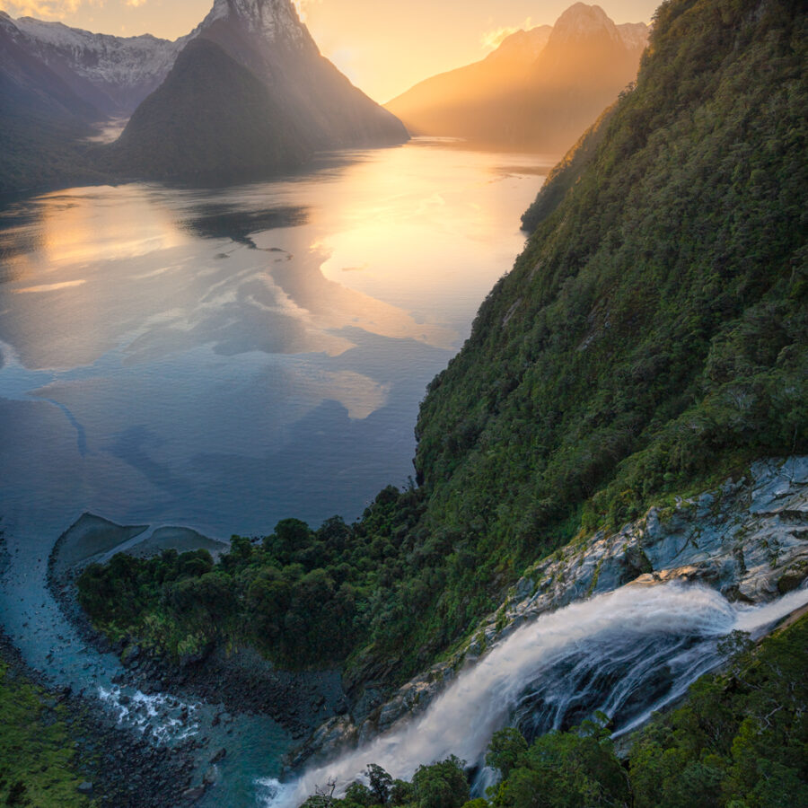 Waterfall and Fiord, New Zealand