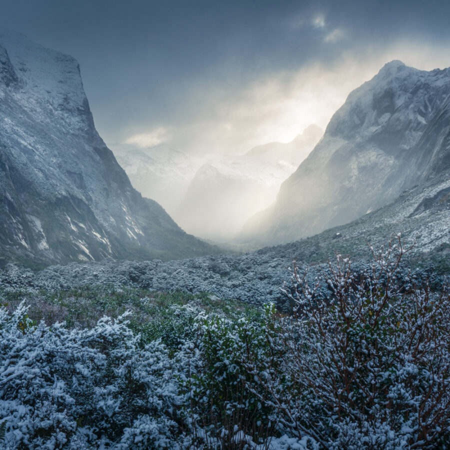 Snow covered valley, Fiordland, New Zealand