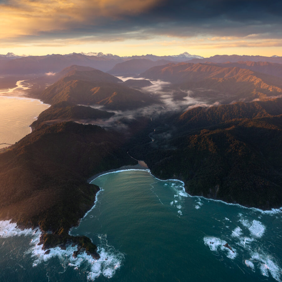 Sunrise Aerial Perspective Jackson Bay New Zealand