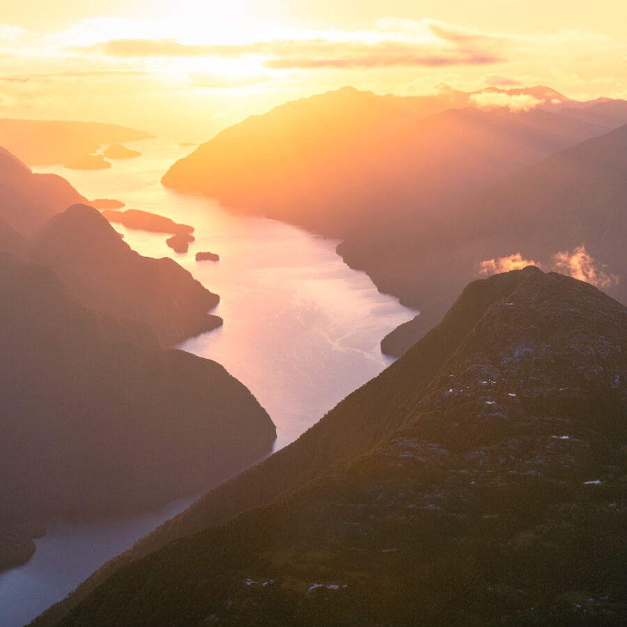 Sunset over New Zealand Fiord
